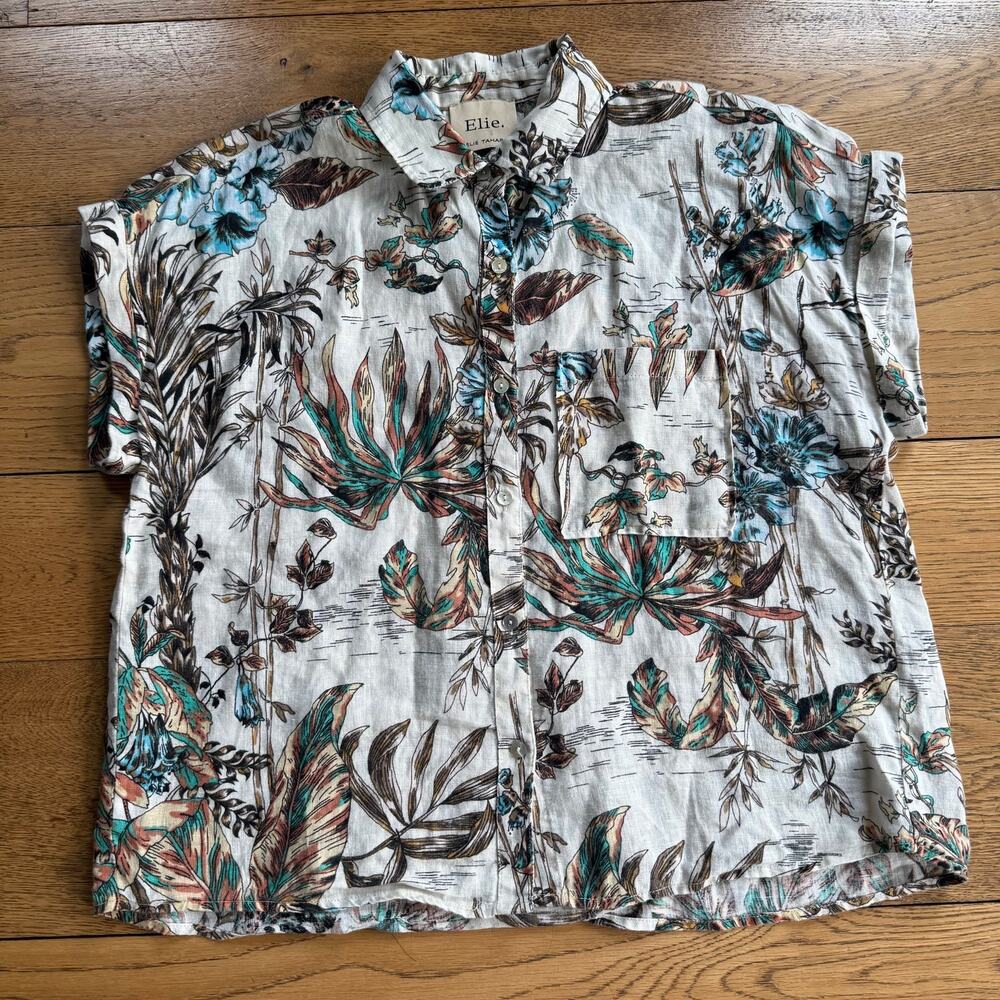 Elie Tahari Tropical Linen Button Down SZ XS Boho Crop Boxy Tropical Vacation